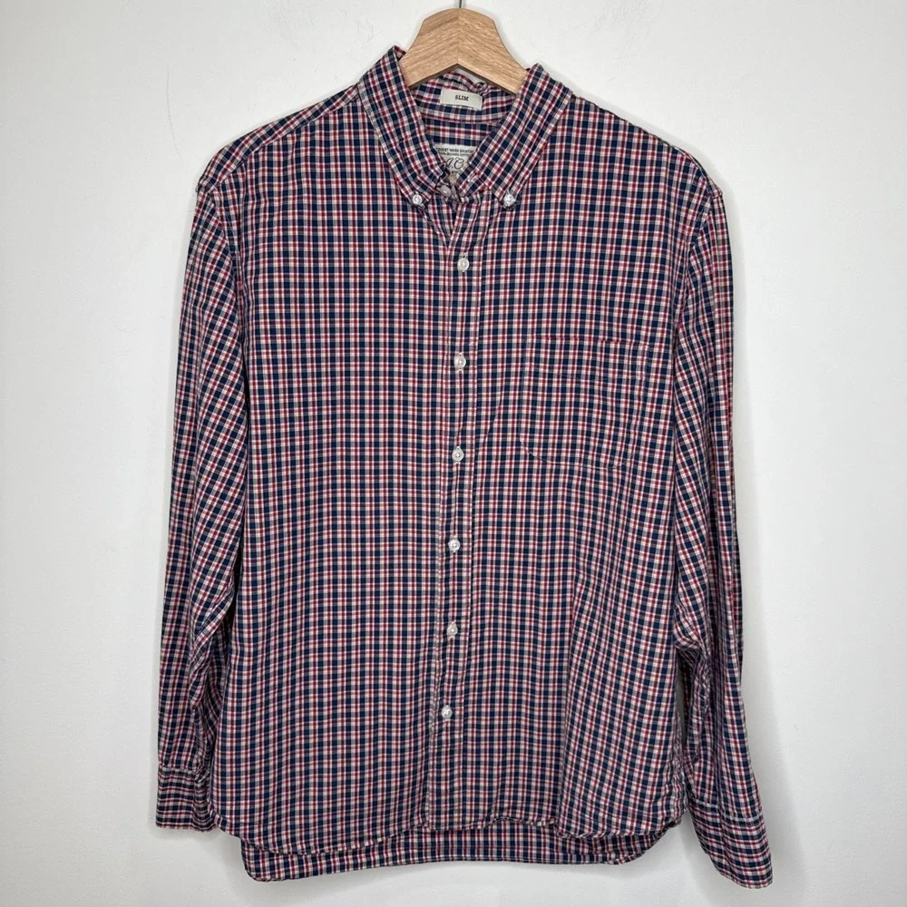 J.Crew Button Down Plaid Shirt Mens Larg Slim Secret Wash Organic Cotton Grunge‎
